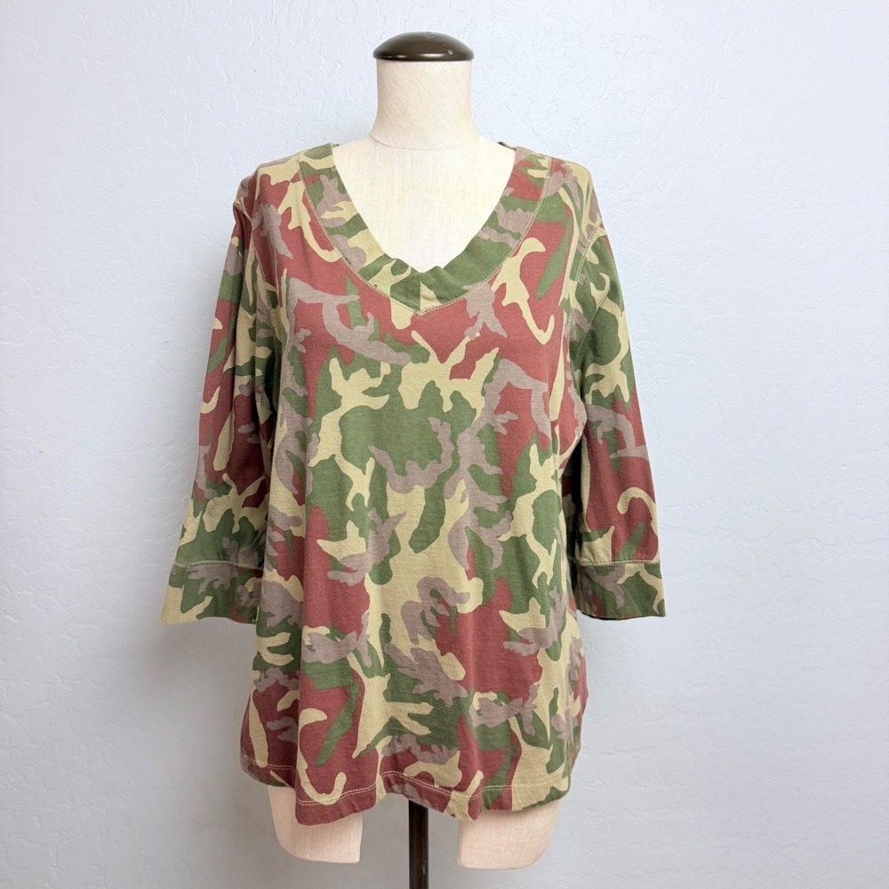 Norma Kamali Womens‎ 2XL Camo Organic Cotton V-Neck 3/4 Sleeve Top